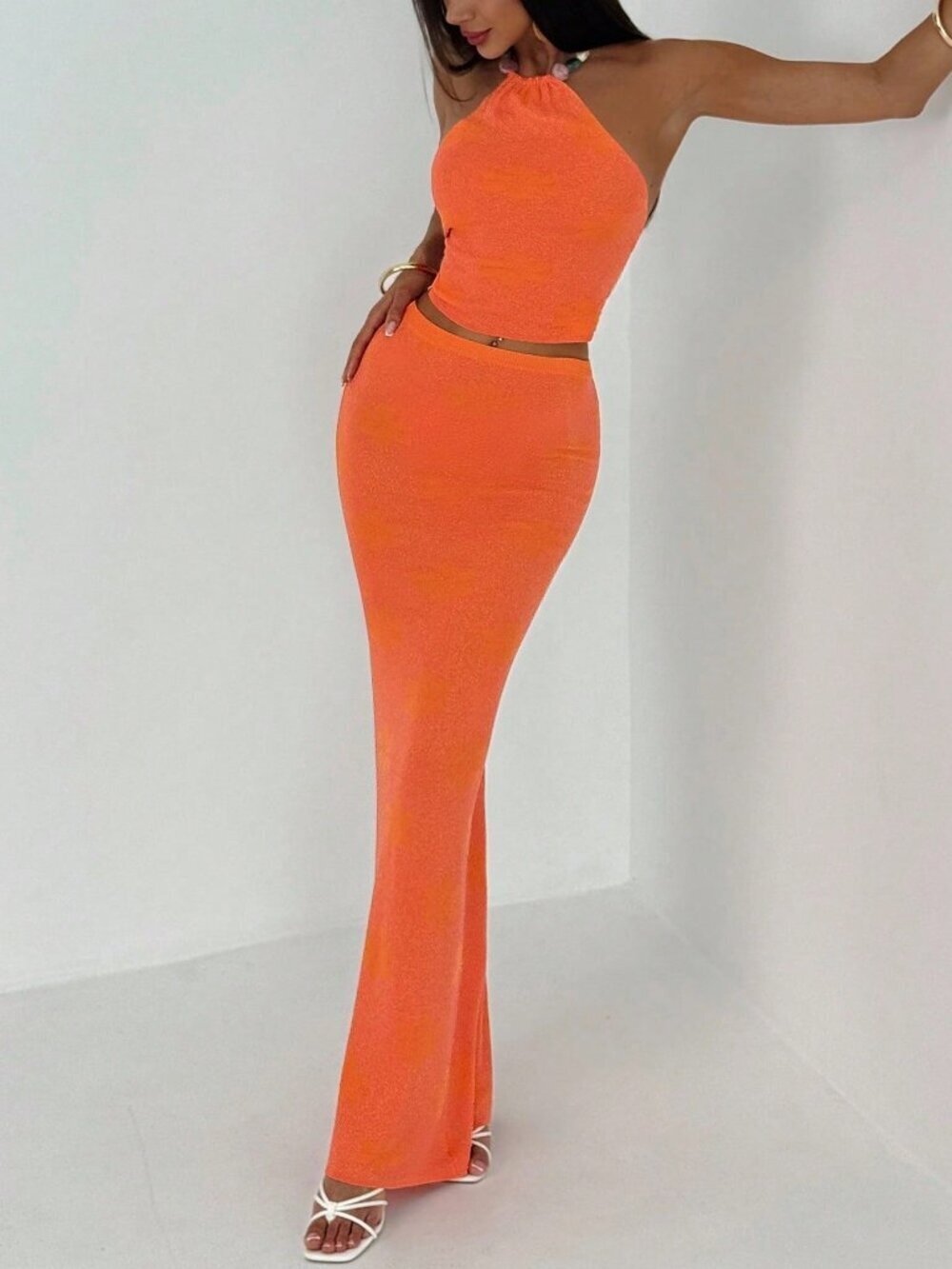Orange Sexy Women's Vacation Beach Halter Backless Cami Top & Skirt Set